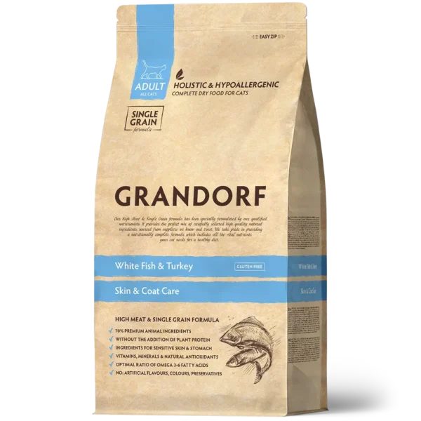 GRANDORF Valge Kala ja Kalkun Täiskasvanud Kassidele Skin & Coat Care - 2 kg